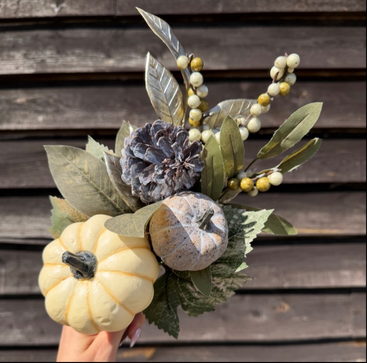 White and grey pumpkin wreath pick.